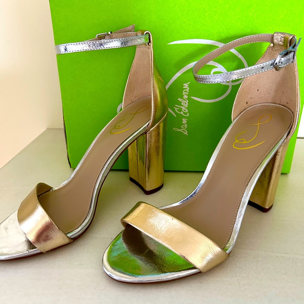 Sam Edelman dress shoe. Two tone metallic gold/silver lux leather heel.